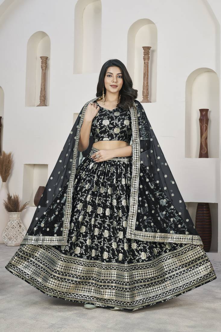 Black Dola Jacquared Zari Work And Sequins Embroidereded Lehenga Choli For Wedding