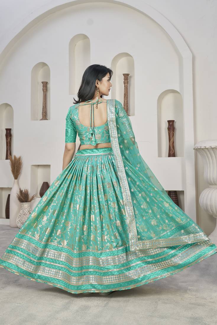 Fetching Sea Green Dola Jacquared Zari Work And Sequins Embroidereded Lehenga Choli For Party