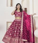 Glamourous Rani Pink Dola Jacquared Zari Work And Sequins Embroidereded Indian Lehenga Dress