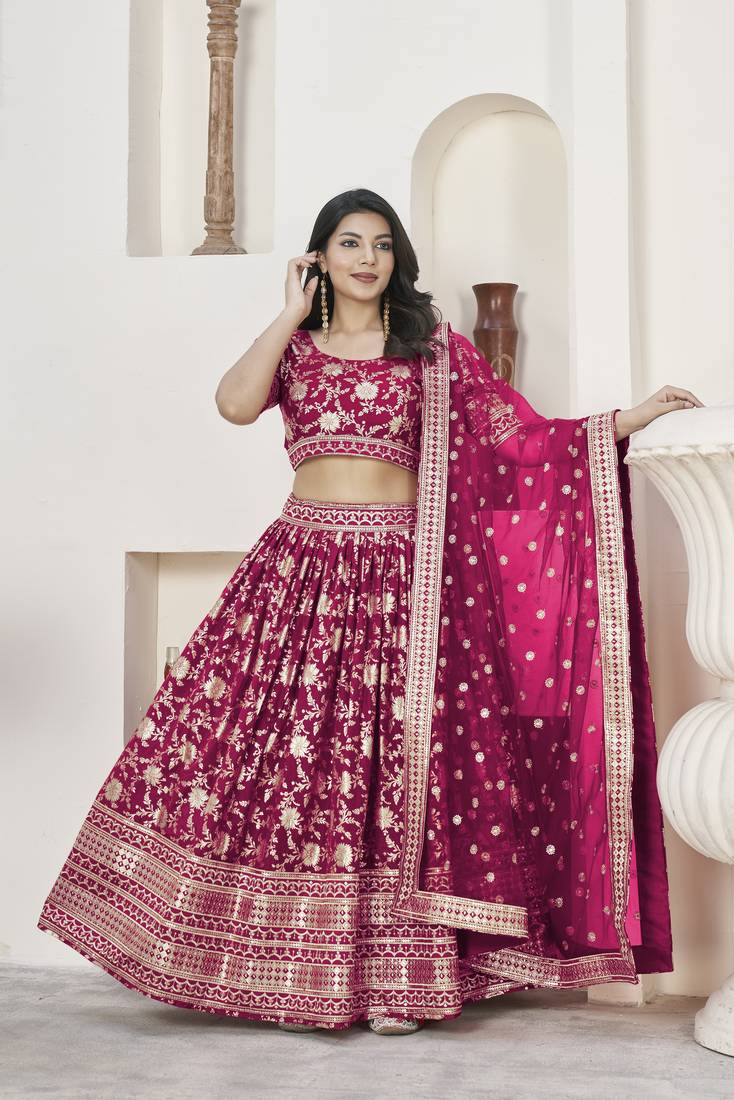 Glamourous Rani Pink Dola Jacquared Zari Work And Sequins Embroidereded Indian Lehenga Dress