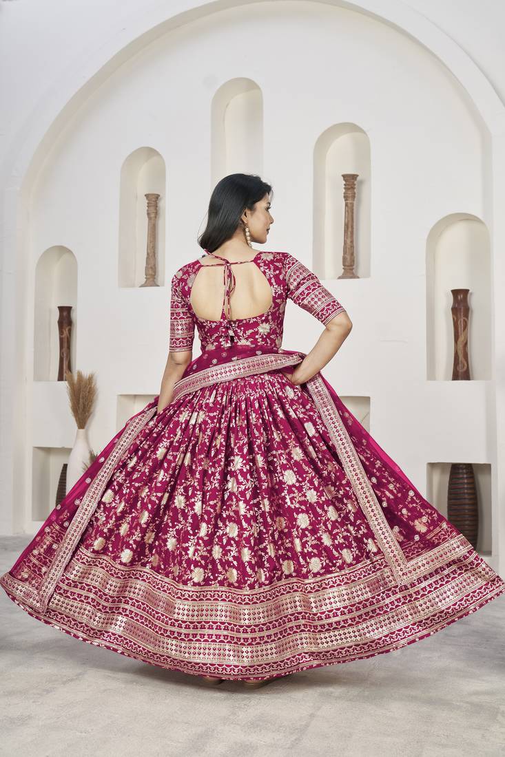 Glamourous Rani Pink Dola Jacquared Zari Work And Sequins Embroidereded Indian Lehenga Dress