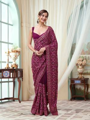 Trendmalls  Vichitra Silk Blend Heavy Embroidery Designer Saree For Women 3
