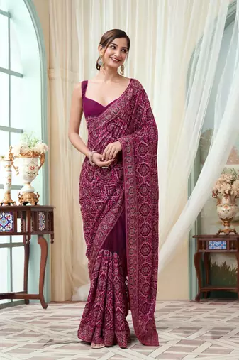 Trendmalls  Vichitra Silk Blend Heavy Embroidery Designer Saree For Women