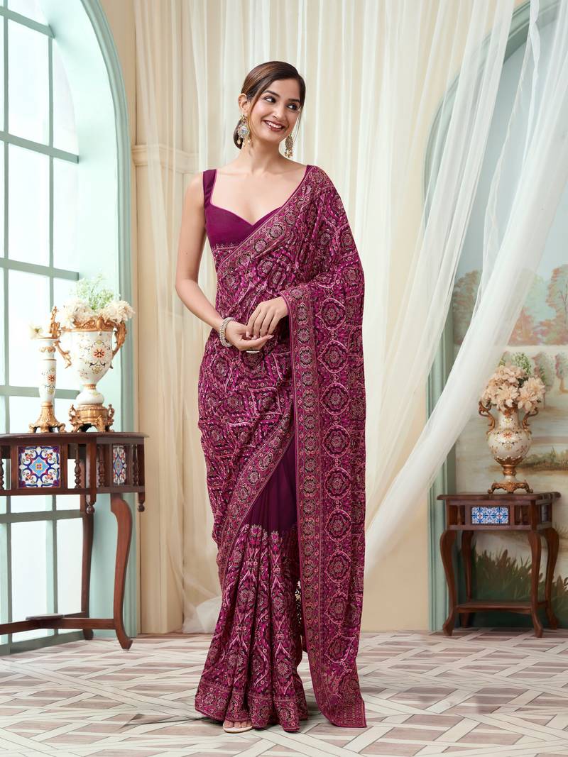  Vichitra Silk Blend Heavy Embroidery Designer Saree For Women