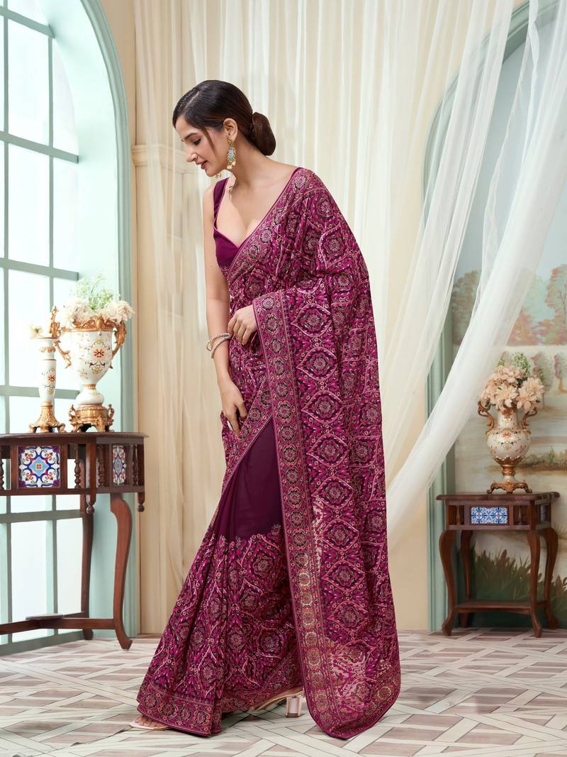  Vichitra Silk Blend Heavy Embroidery Designer Saree For Women