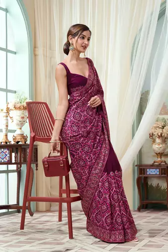 Trendmalls  Vichitra Silk Blend Heavy Embroidery Designer Saree For Women