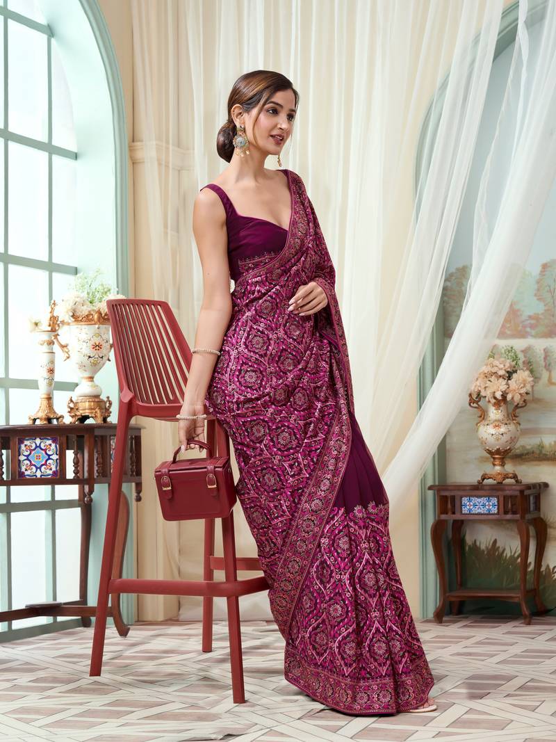  Vichitra Silk Blend Heavy Embroidery Designer Saree For Women