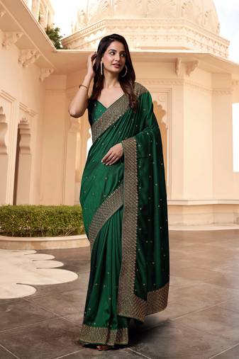 Dark Green Silk Blend Saree with Golden Floral Embroidery Work