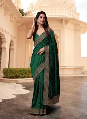 Dark Green Silk Blend Saree with Golden Floral Embroidery Work 1