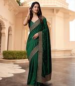 Trendmalls Dark Green Silk Blend Saree with Golden Floral Embroidery Work