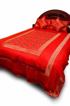 5 Piece Red Royal Jaipuri Silk Double Bed Cover Set Deepawali Gift 205