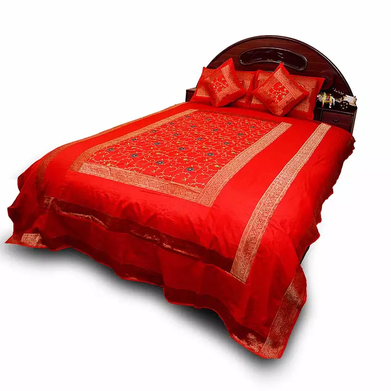 5 Piece Red Royal Jaipuri Silk Double Bed Cover Set Deepawali Gift 205