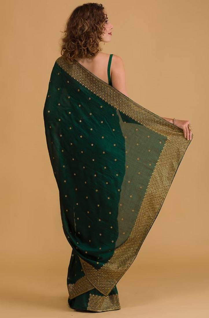 Dark Green Silk Blend Saree with Golden Floral Embroidery Work