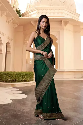 Trendmalls Dark Green Silk Blend Saree with Golden Floral Embroidery Work