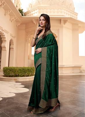 Dark Green Silk Blend Saree with Golden Floral Embroidery Work 4