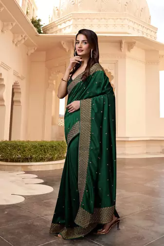 Trendmalls Dark Green Silk Blend Saree with Golden Floral Embroidery Work