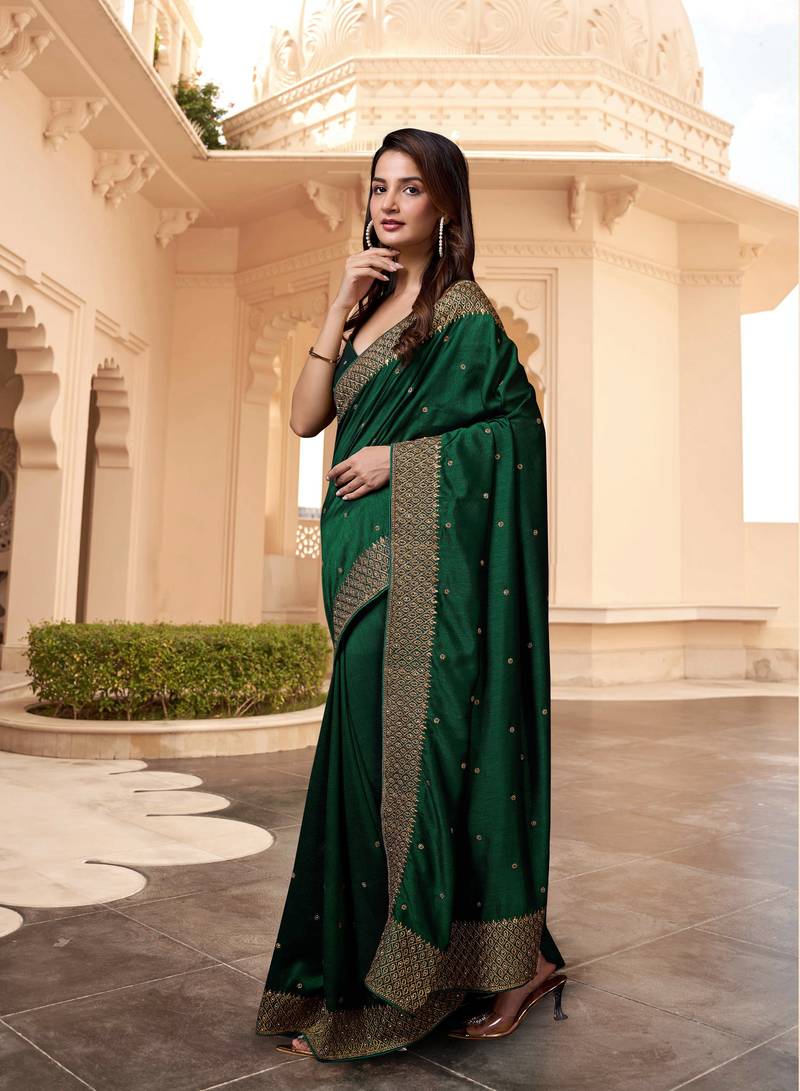 Dark Green Silk Blend Saree with Golden Floral Embroidery Work