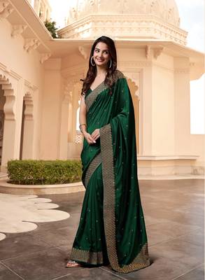 Dark Green Silk Blend Saree with Golden Floral Embroidery Work 5