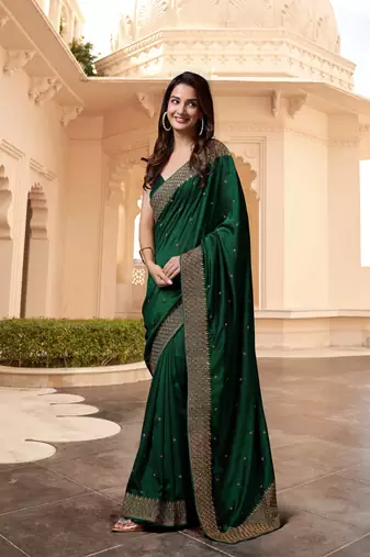 Trendmalls Dark Green Silk Blend Saree with Golden Floral Embroidery Work