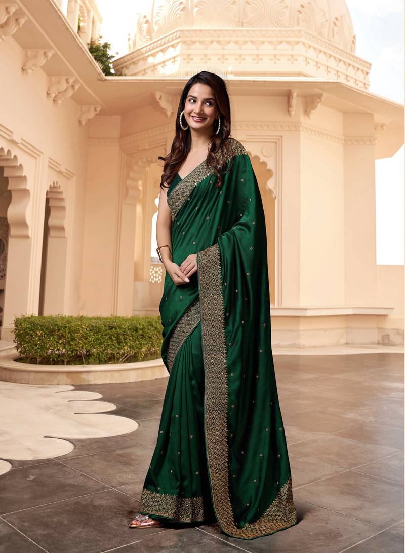 Dark Green Silk Blend Saree with Golden Floral Embroidery Work