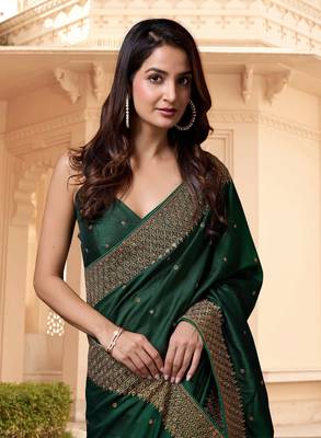 Dark Green Silk Blend Saree with Golden Floral Embroidery Work 6