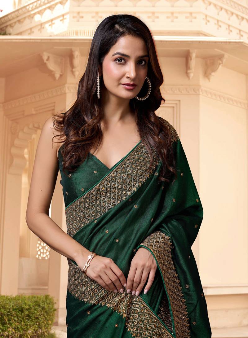 Dark Green Silk Blend Saree with Golden Floral Embroidery Work