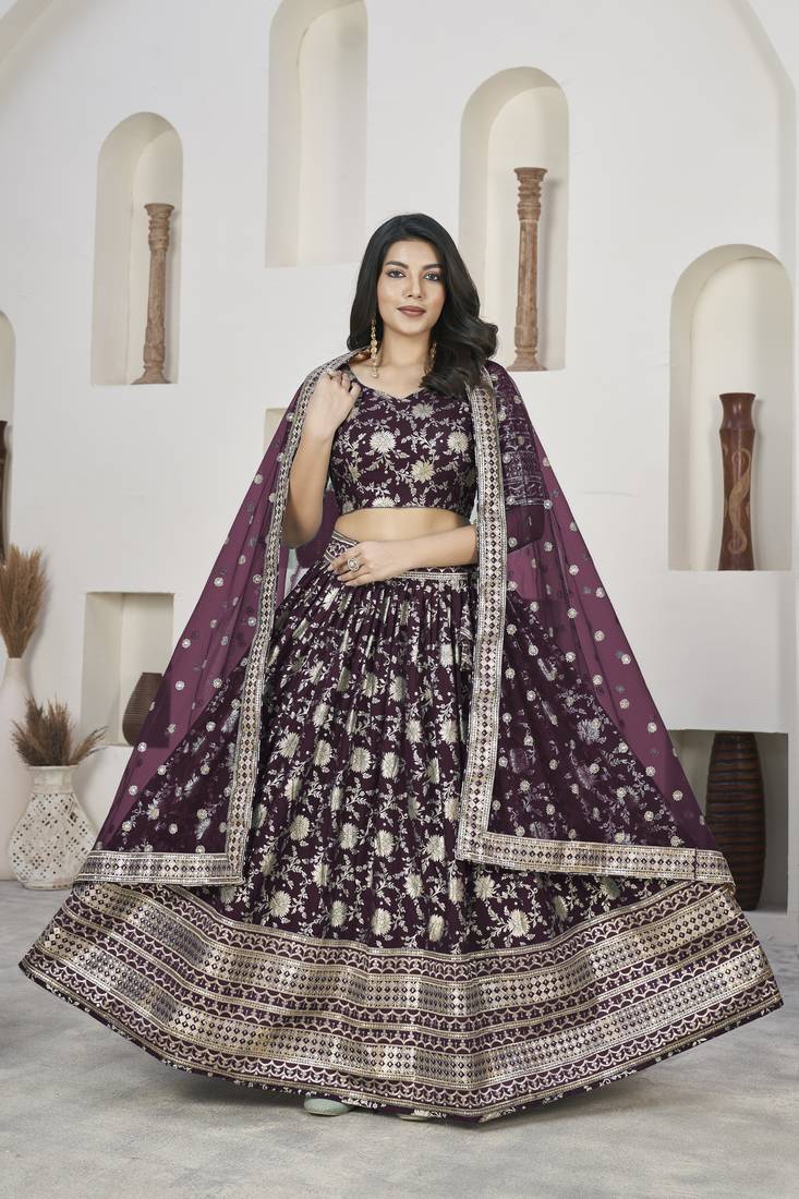  Wine Dola Jacquared Zari Work And Sequins Embroidereded Designer Lehenga Choli