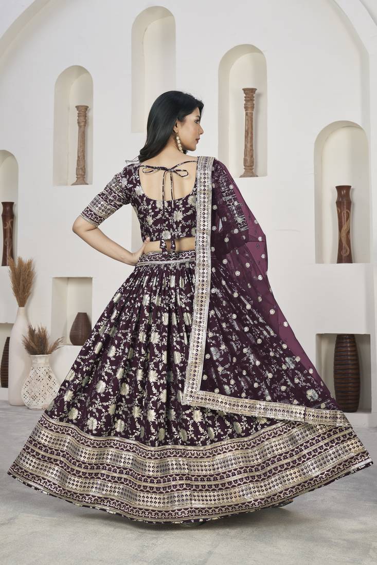  Wine Dola Jacquared Zari Work And Sequins Embroidereded Designer Lehenga Choli
