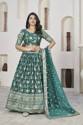  Rama Green Dola Jacquared Zari Work And Sequins Embroidereded Lehenga Choli For Bride 1
