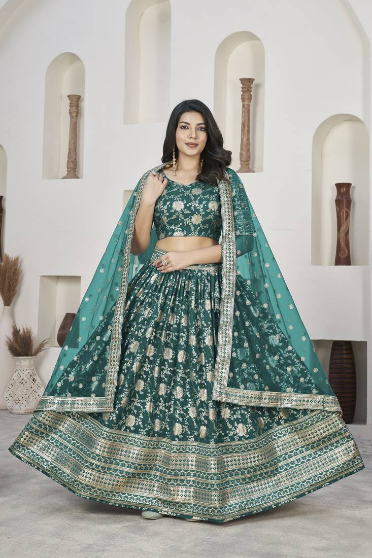  Rama Green Dola Jacquared Zari Work And Sequins Embroidereded Lehenga Choli For Bride