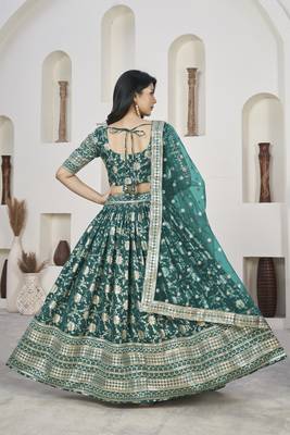  Rama Green Dola Jacquared Zari Work And Sequins Embroidereded Lehenga Choli For Bride 4