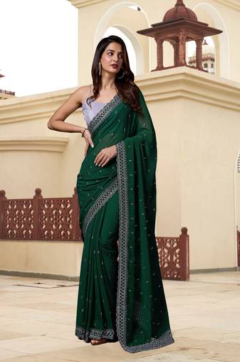 Dark Green Georgette Saree with Silver Floral Embroidery Work