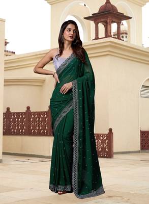 Dark Green Georgette Saree with Silver Floral Embroidery Work 1