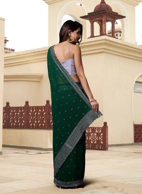 Dark Green Georgette Saree with Silver Floral Embroidery Work 2