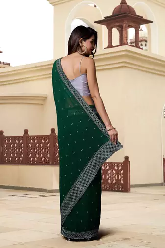 Trendmalls Dark Green Georgette Saree with Silver Floral Embroidery Work