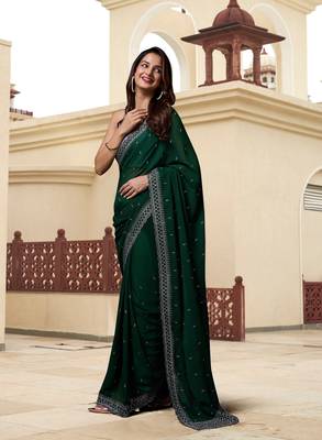 Dark Green Georgette Saree with Silver Floral Embroidery Work 3