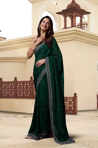 Trendmalls Dark Green Georgette Saree with Silver Floral Embroidery Work