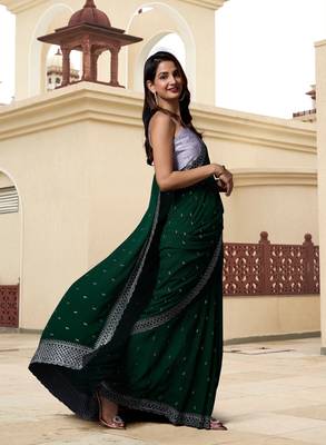 Dark Green Georgette Saree with Silver Floral Embroidery Work 4