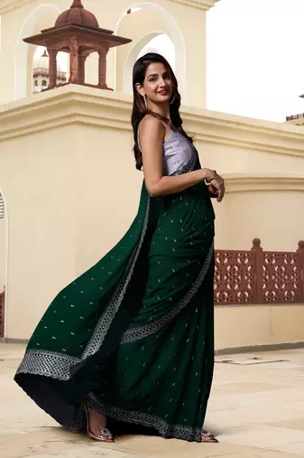 Trendmalls Dark Green Georgette Saree with Silver Floral Embroidery Work