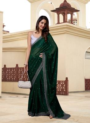 Dark Green Georgette Saree with Silver Floral Embroidery Work 5