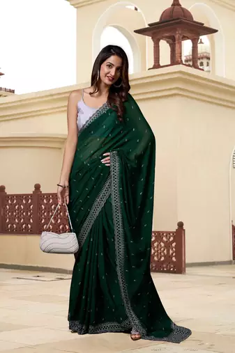 Trendmalls Dark Green Georgette Saree with Silver Floral Embroidery Work