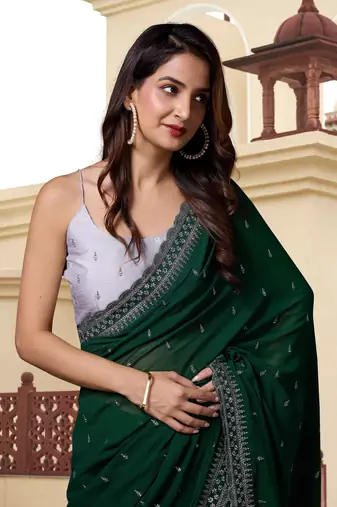 Trendmalls Dark Green Georgette Saree with Silver Floral Embroidery Work