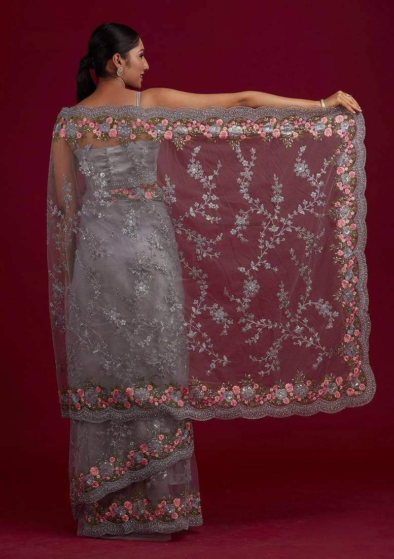 Trendmalls  Net Embroidery Saree with Unstitched Blouse Piece