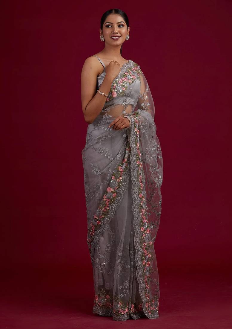 Trendmalls  Net Embroidery Saree with Unstitched Blouse Piece