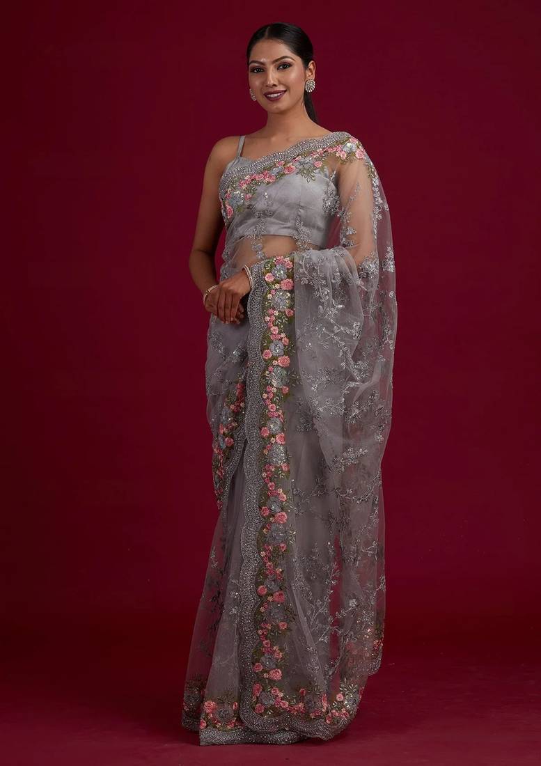 Trendmalls  Net Embroidery Saree with Unstitched Blouse Piece