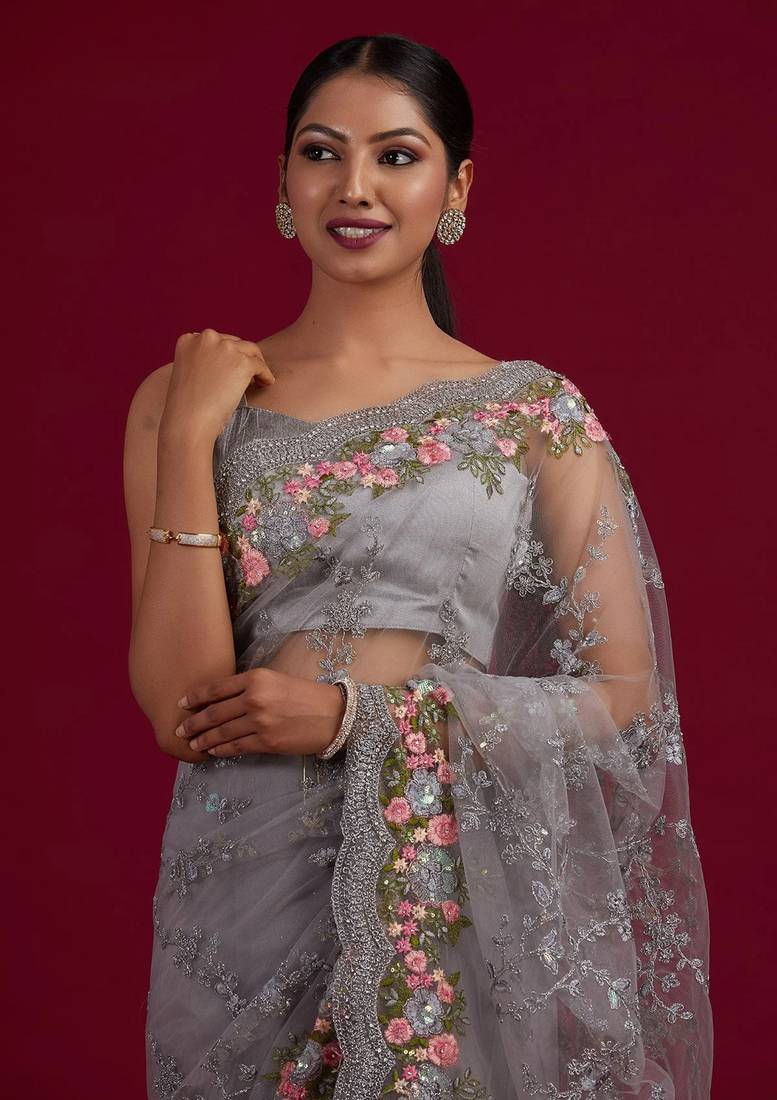 Trendmalls  Net Embroidery Saree with Unstitched Blouse Piece