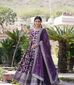 Women's wine jacquard with embroidered sequins work party wear gown