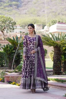 Women's wine jacquard with embroidered sequins work party wear gown 3