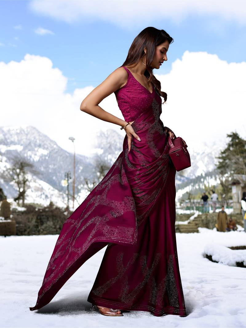 Purple Silk Blend Saree Swarovski Work Silk