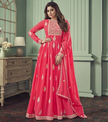 Shamita shetty pink embroidery work faux georgette festive anarkali salwar suit with dupatta stitched long gown 1